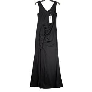 NWT Alisa Pan Black‎ Satin Evening Maxi Dress Sz M Sleeveless Formal 30" Slit